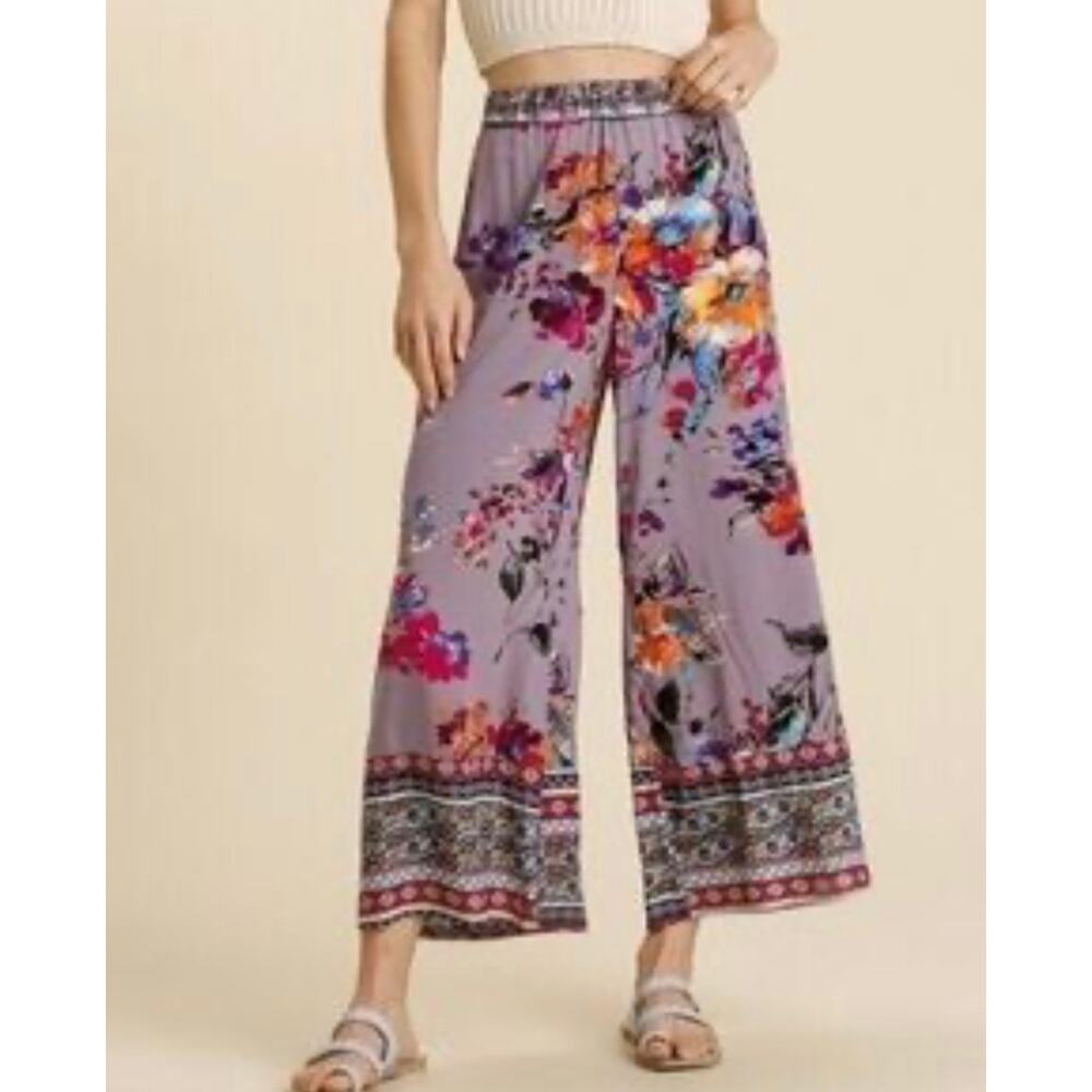 Women's Umgee Purple Floral Mixed Print Elastic Waistband Boho Pants Size Med